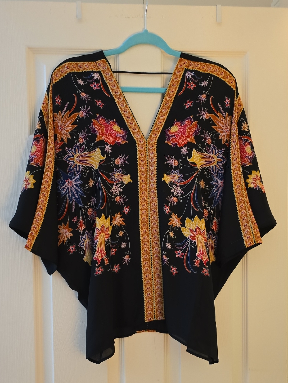 Rose & Olive Boho Black Floral V-Neck Tunic with Yellow & Pink Accents